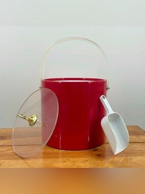 Vintage 60’s Red Mid Century Ice Bucket w/ Scoop Mod Acrylic Handle Barware